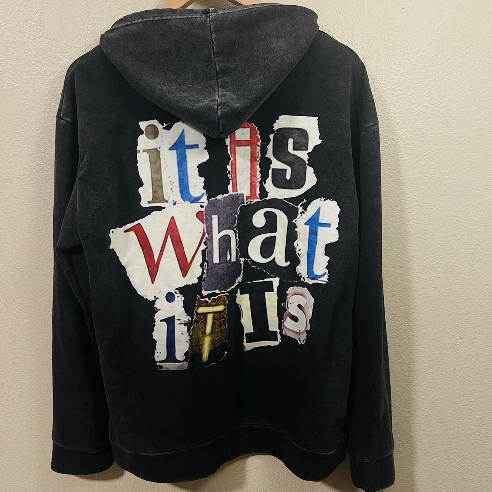 ZZG Hoodie It Is What it Is Newspaper Cut Out Black Wash Grunge Punk‎ Emo Size S